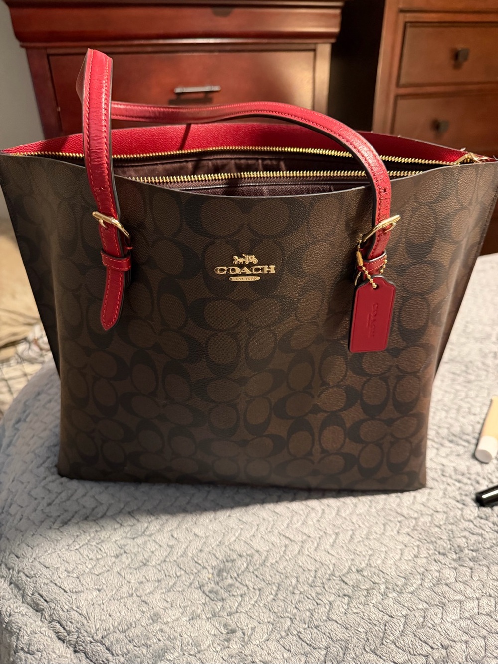 Coach Brown Signature Tote with Red Trim and Handles